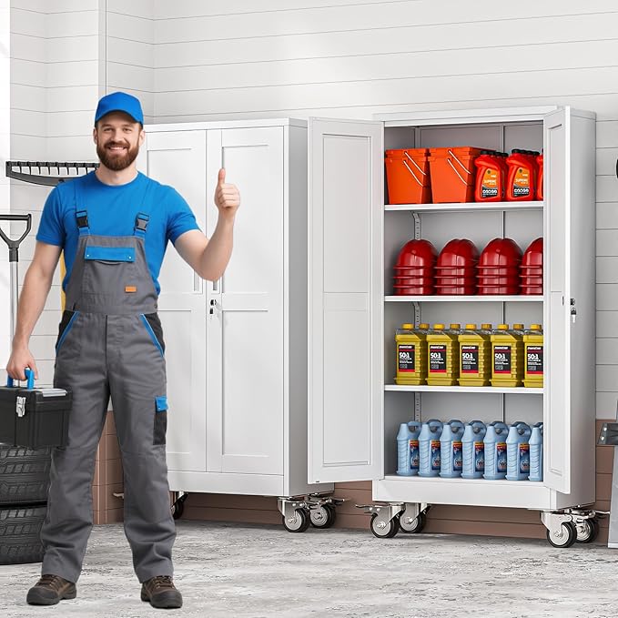 61" Tall Metal Garage Storage Cabinet with Wheels and Locking Doors and Tall Rolling Steel Tool Cabinet with 3 Adjustable Shelves for Garage,Home,Office,Shop (White)