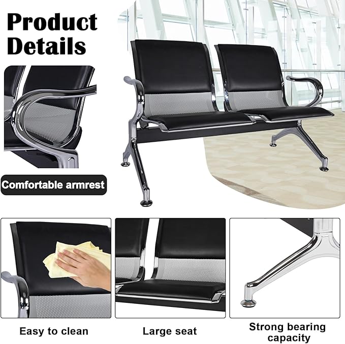 kinbor Waiting Room Chairs - Durable PU Leather Reception Bench with Armrests, 2-Seat Office Reception Guest Chairs for Office, Hospital, Airport, Bank & Lobby, Black