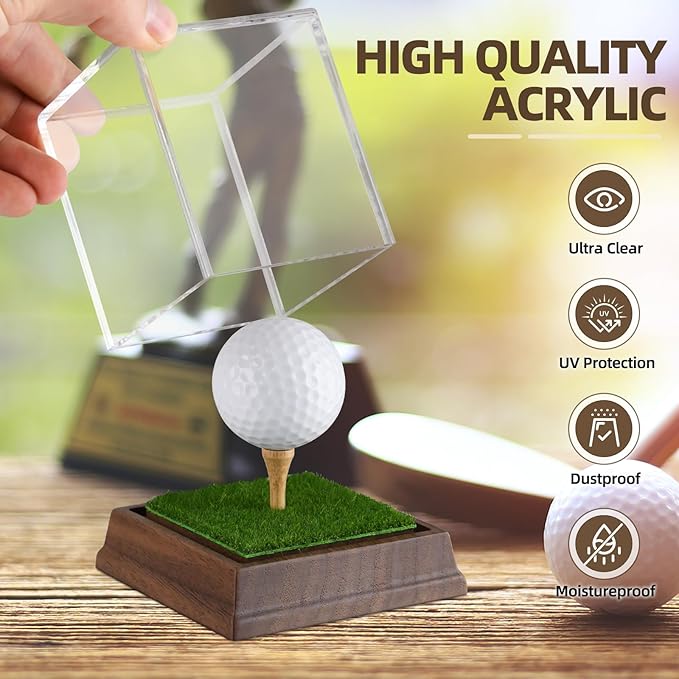 Golf Ball Display Case Hole in One Golf Ball Display Case Holder Wanult Wood Base Acrylic Golf Ball Holder Stand Lifelike Turf Wood Tee Memorabilia Showcase Square Cube Box Stand Golf Gifts Decor