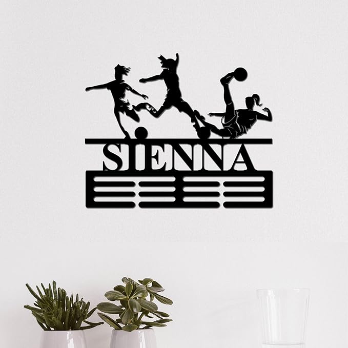 Custom Soccer Achievement Holder Girl Soccer Achievement Hanger with Name, 12 Rungs for Achievements & Ribbons, Soccer Achievement Display Award Display Rack