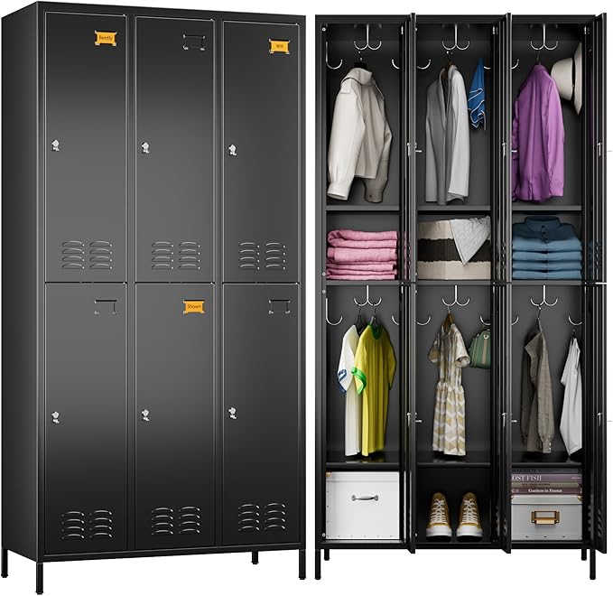 METAN Metal Locker for School Office Gym Bedroom,6 Doors Steel Storage Locker Cabinet for Employees,Industrial Storage Locker with 1 Shelves,Assembly Required (6 Door-Black)