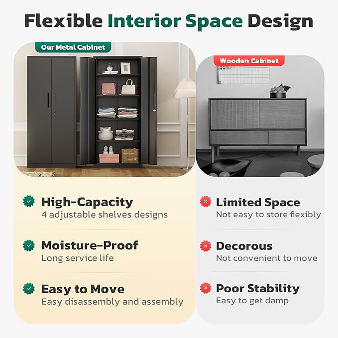 Greenvelly Metal Pantry Cabinet, 63”Tall Black Kitchen Pantry Storage Cabinets with 2 Lock Doors and 4 Adjustable Shelves for Home Office, Dinning Room,Garage