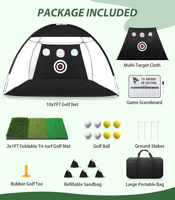 Golf Net, 10x7ft Golf Hitting Aid with Foldable Tri-Turf Mat, Designed for Outdoor & Indoor Use, Practice Nets for Backyard Driving Real Balls, Ideal Gifts for Men Dad Husband & Golfers