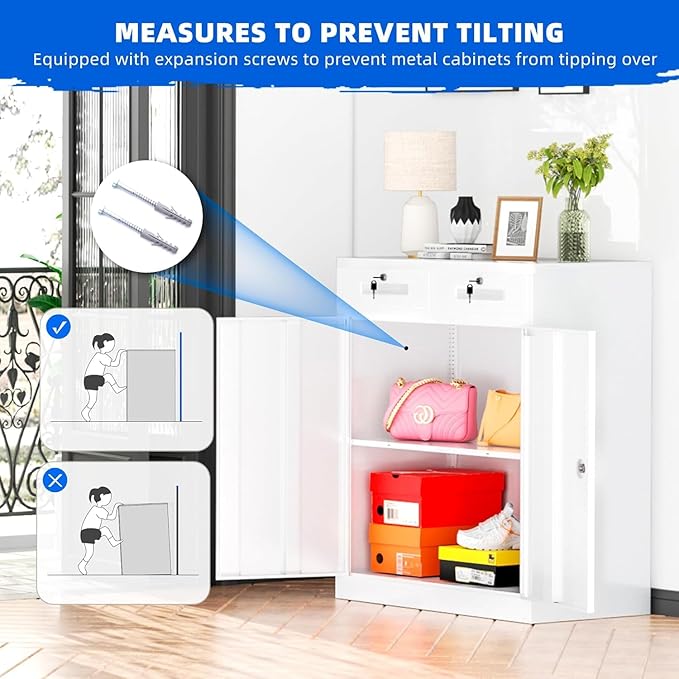 INTERGREAT Metal Garage Storage Cabinet, 36" Locking Counter Cabinet with 2 Locking Doors and 2 Adjustable Shelves, Small Steel Cabinet for for Home Office, Gym, School(White)