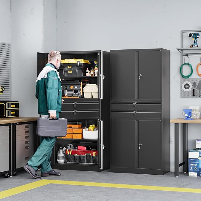 Letaya Metal Garage Storage Cabinet,71" Heavy Duty Steel Tool Cabinet with 4 Door Lock-Adjustable Shelves and 2 Drawer for Garage Home Office Utility Room (Black)