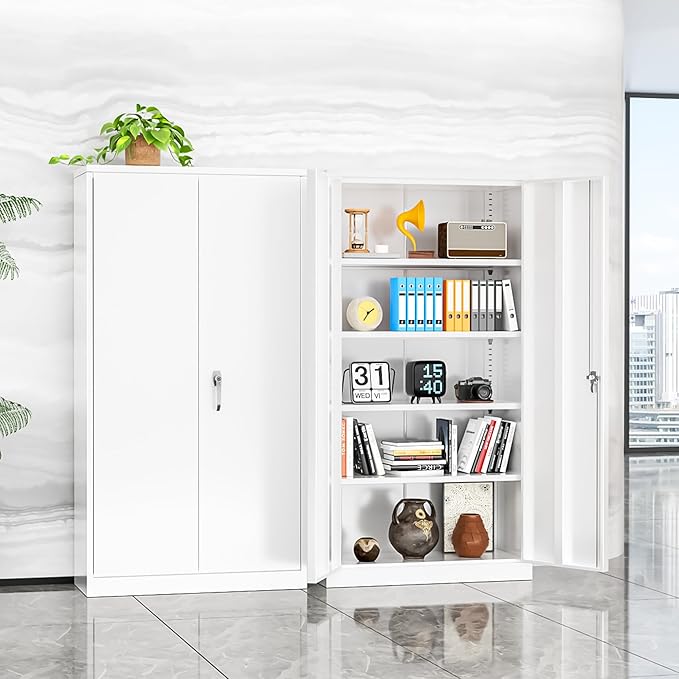 INTERGREAT White Metal Storage Cabinet Doors, 72" Locking Steel Storage Cabinet with Shelves, Tall Metal Cabinet Lockable Steel Cabinets for Home Office