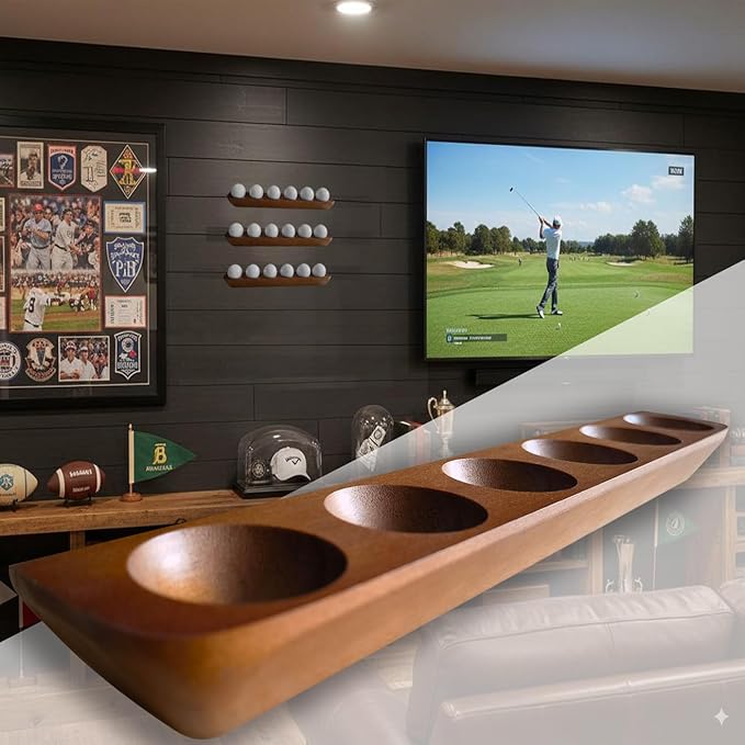 1-Pack Wood Golf Ball Display Case, Floating Shelf Golf Ball Holder Display for 6 Ball - Wall Mount/Tabletop Stand, Office Decor & Memorabilia Gift for Golf Collectors