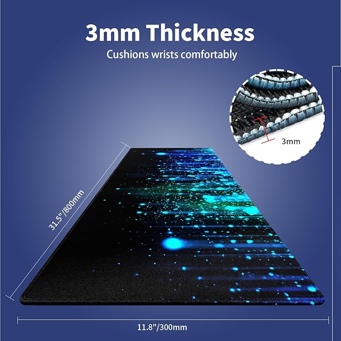 Wknoon. Extra Large Gaming Mouse Pad (31.5" x 11.8") with Durable Stitched Edges – Ethereal Blue Sparkling Light Rain, Anti-Slip Rubber Base & Smooth Fabric Surface Extended XXL Desk Mat