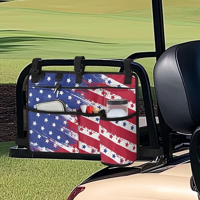 American Flag Golf Cart Bag, Golf Cart Rear Seat Organizer with Open Pockets for Golf Balls & Bottles