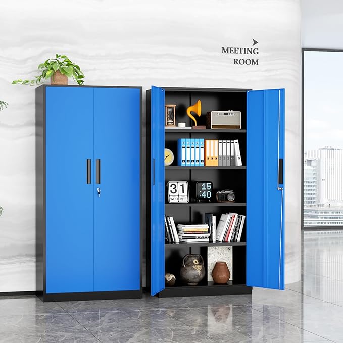 INTERGREAT Metal Storage Cabinet, 72" Locking Steel Cabinets with 2 Door and 4 Adjustable Shelves, Tall Metal Cabinet for Home Office, Garage, Warehouse,(Black+Blue)