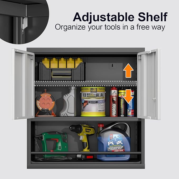 GREATMEET 31" H Metal Garage Storage Cabinets with Doors and Shelves, Lockable Storage Cabinet with Lock, Black Hanging Cabinets for Wall, Wall Mount Cabinet for Utility Room, Black&Grey