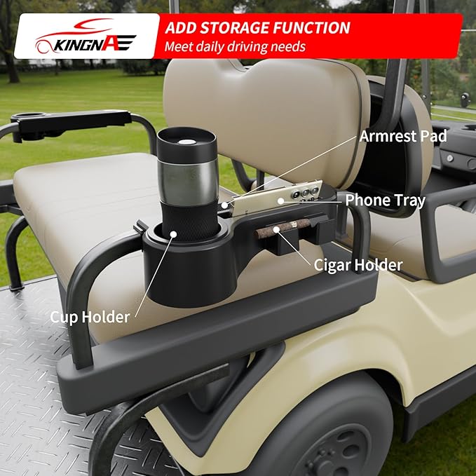 Golf Cart Armrest Equipped with Cigar Rest Cup Holder Phone Holder Universal Fit for EZGO/Club Car/Yamaha and More, Fit 1.0" or 1-1/4" Square Tube Frame (A Tasteful Addition to Your Ride)