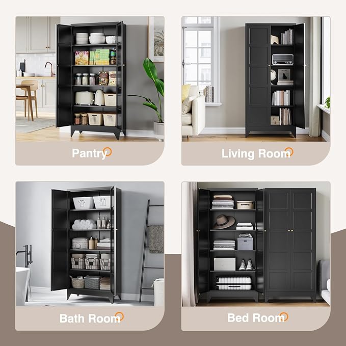 Yizosh Metal Pantry Cabinet,- 72" Black Kitchen Pantry Storage Cabinet with Doos and Adjustable Shelves for Kitchen, Living Room,Dining Room,Home