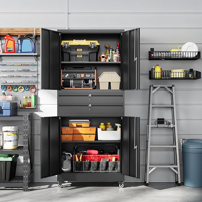 Letaya Metal Garage Storage Cabinet with Wheels,Rolling Tool Cabinet with 4 Door Lock-Adjustable Shelves and 2 Drawer for Garage Home Office Utility Room (Black with Wheels)
