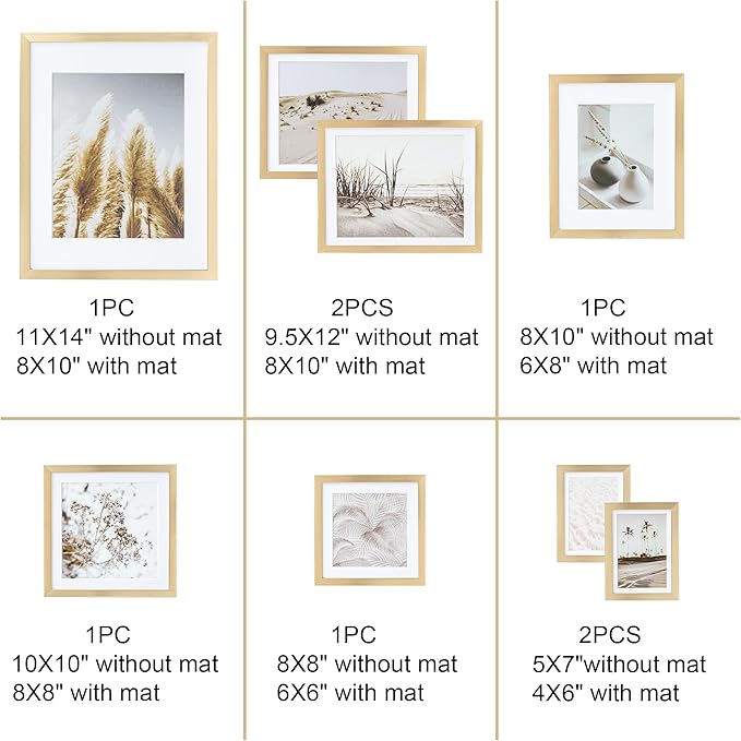 ArtbyHannah Gallery Wall Frame Set, 8 Pack Picture Frames Collage Wall Decor with Neutral Pampas Grass Art for Living Room, Assorted Size Including 11"x14", 8"x10", 5"x7"(Gold Frame)