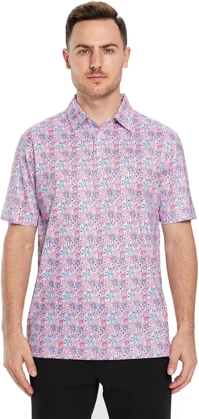 Golf Shirts for Men Dry Fit Short Sleeve Print Performance Moisture Wicking Polo Shirt