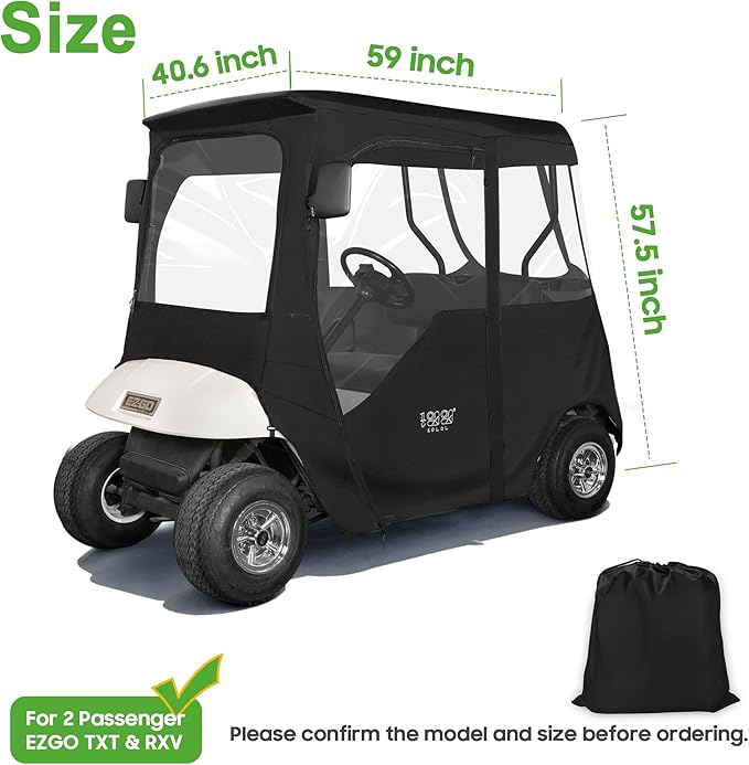 10L0L Golf Cart Deluxe Enclosure for EZGO TXT & RXV 2 Passenger, 4-Sided Clear PVC Window Rain Cover with Zipper Entry, Black