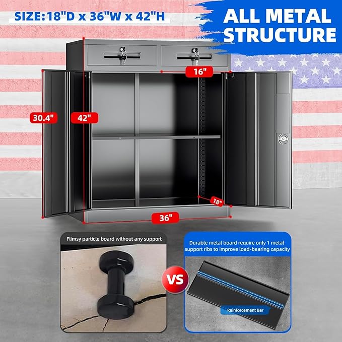 INTERGREAT Metal Garage Storage Cabinets with Lock,Steel Storage Cabinet with 2 Doors and 2 Adjustable Shelves, Small Lockable Office Steel Cabinet for Home, Warehouse, School(Black)