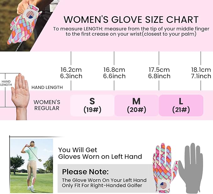 Amy Sport Womens Golf Glove with Ball Marker Rain Left Right Hand Leather Printed Pack, Ladies Golf Gloves All Weather Grip Breathable Soft Size Small Medium Large XL