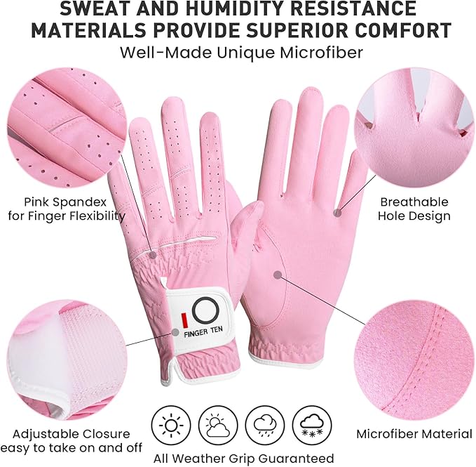 FINGER TEN Golf Gloves Womens Ladies 1 Pack Glove Left Hand for Right Handed Golfer, Wet Hot Cool Rain Grip Weathersof All Weather, Fit Small Medium Large XL