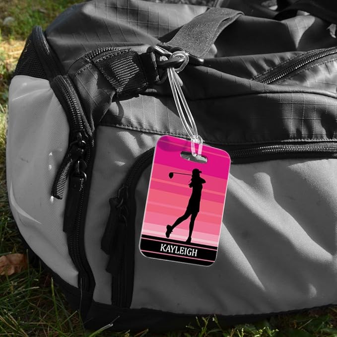 ChalkTalkSPORTS Golf Luggage & Bag Tag | Personalized Female Golfer | Standard Lines on Back | Medium | Pink
