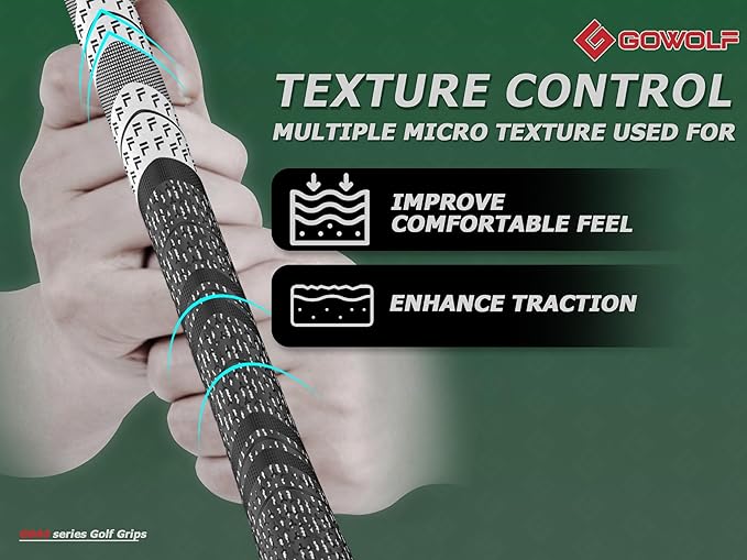 Gowolf Premium Cross Corded Natrual Rubber Golf Grips 13 Pack, Back Rib Improved Control Multi-compound Hybrid Golf Club Grips with 15pc Tapes or Full Kits