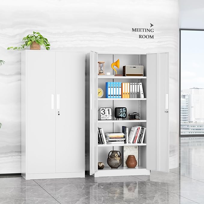 SUNCROWN 72" Metal Storage Cabinet - Heavy-Duty Metal Garage Cabinet with 4 Adjustable Shelves & 2 Doors for Tools, Office, Home, Workshop,White-Small