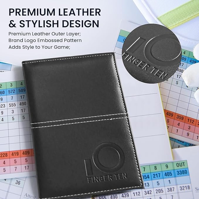 FINGER TEN Golf Scorecard Holder Leather Yardage Books Cover Lucky Clover with 2 Free Pencil Value Pack Deluxe Pocket Score Card Covers Gift for Men Women Golfer