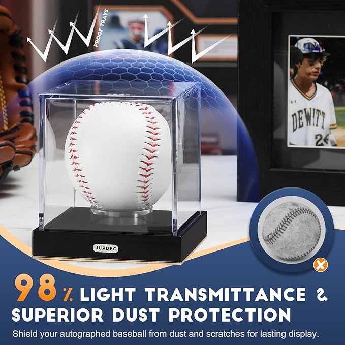 JupDec Baseball Display Case, Clear Acrylic Cube Baseball Holder with Durable Base, UV Protected Autograph Stand Box for Single Ball, Ideal Gift for Collector & Sports Enthusiast, Gold, 1 Pack