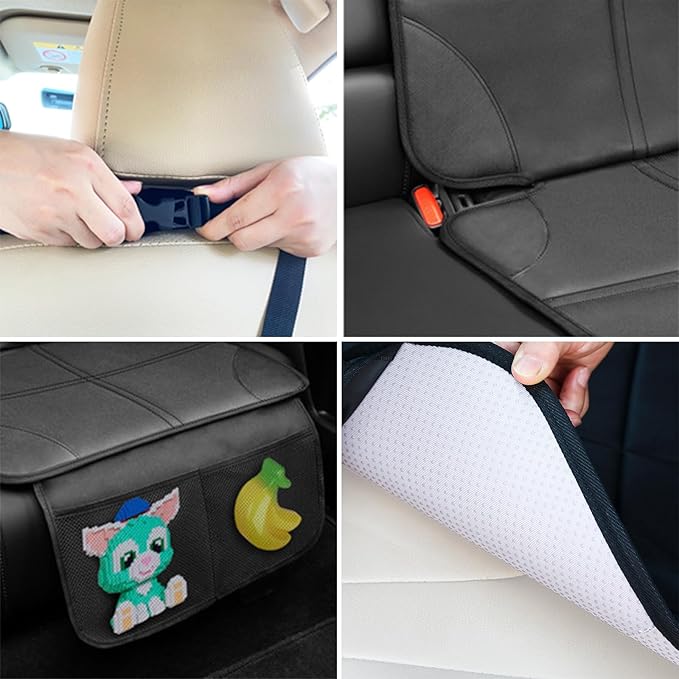 Car Seat Protector, Thick Padding Seat Protector Under Baby Car Seat, 600D Waterproof Non-Slip Fabric Seat Cover for Child and Pet with Pockets (Black 1 pcs)