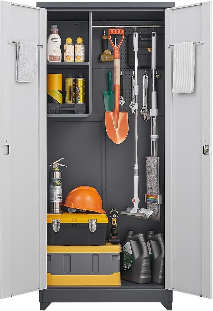 GREATMEET 72.8" Outdoor Broom Storage Cabinet, Metal Storage Cabinets for Cleaning Supplies with Slanted Roof, Waterproof Outdoor Slim Shed,Utility Closet for Broom Mop, Grey&White