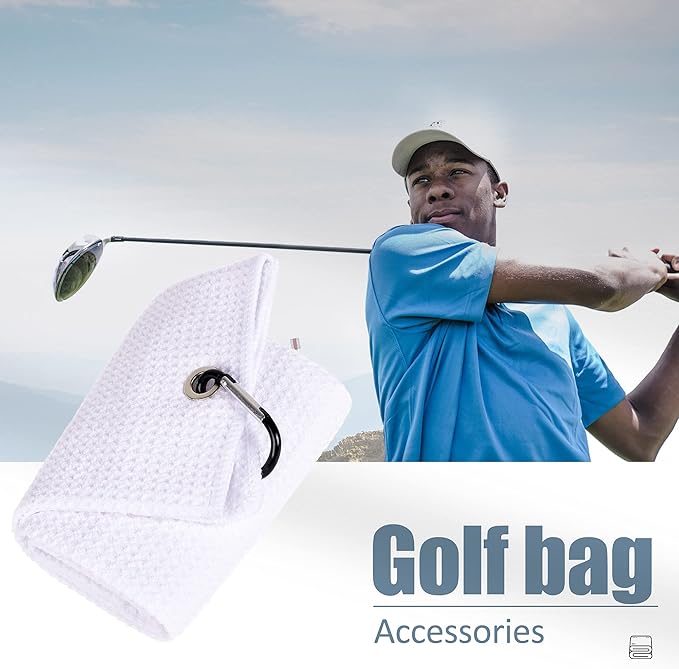 Mile High Life Tri-fold Golf Towel | 16" X 24" | Premium Microfiber Fabric | Waffle Pattern | with Heavy Duty Carabiner Clip | for Men and Women (White)
