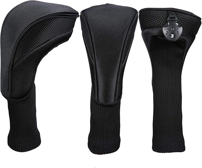 Black Golf Club Head Cover for Driver Fairway 3 Pcs Woods Headcovers, Golf Accessories Hybrid Head Covers Set with Interchangeable Tags 3 4 5 7 X
