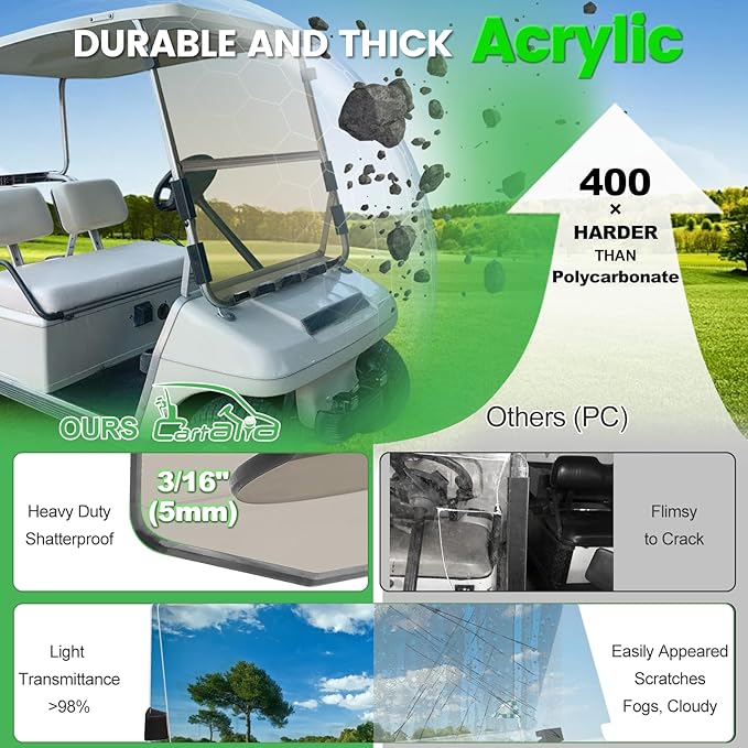 Golf Cart Foldable Windshield 3/16" (5MM) Only Fits 1982-2000 Club Car DS 1"×1" Struts Upper and Down Straight Rail, Folding Acrylic Replacement - Tinted (Not Fit Top Tapered Rail Style)