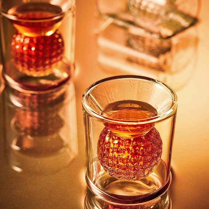 Golf Ball Shot Glasses Set of 4, Funny Handmade Birthday Gifts for Men and Women - 2oz Double Walled with 3D Shape Golf Ball Inside, Tequila, Whiskey, Cocktail Presents for Golfer