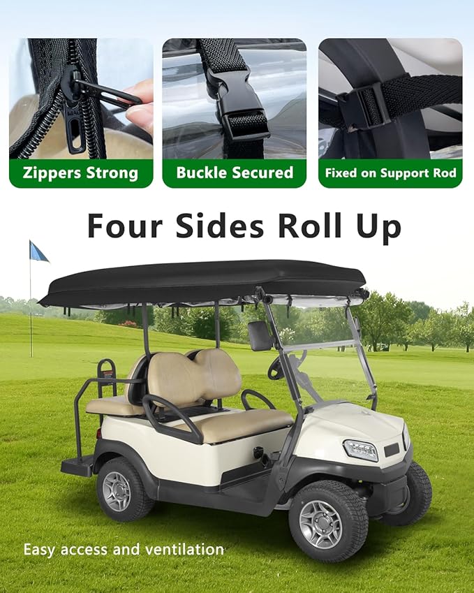 Golf Cart Enclosure 4 Passenger Extended Roof 88 inch for Club Car Tempo Onward,600D Clear Rain Cover Driving Enclosures,Full Roll Up 4 Sided Transparent Windows&Door Side Mirrors Openings