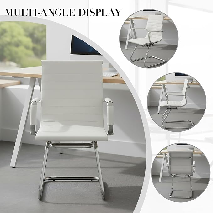CIMOTA Waiting Room Chairs Leather Office Guest Chair Mid Back Reception Chairs with Sled Base for Meeting/Patient/Conference Room, White Set of 8