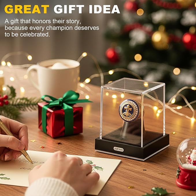JupDec Championship Ring Display Case, Clear Acrylic Single Ring Holder with Durable Base, Dustproof Cube Showcase with Black Velvet Interior, Ideal Gift for Sports Memorabilia Fans