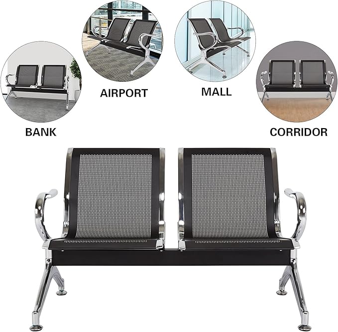 2-Seat Waiting Room Chairs - Waiting Room Bench with Arms Airport Reception Bench Guest Reception Chairs Lobby Bench Waiting Area for Airport Market Bank Hospital School Barbersho, Black