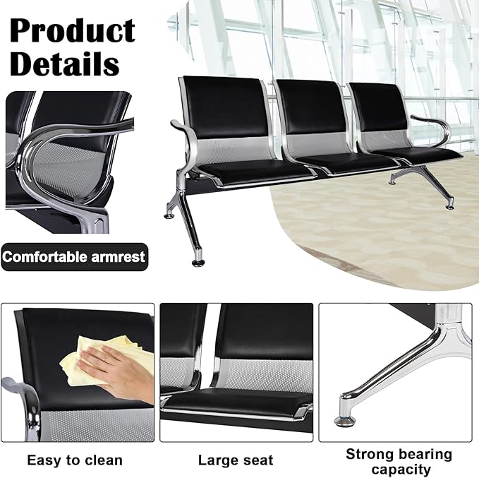kinbor Waiting Room Chairs - Durable PU Leather Reception Bench with Armrests, 3-Seat Office Reception Guest Chairs for Office, Hospital, Airport, Bank & Lobby, Black