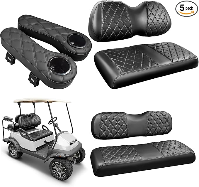 NOKINS Golf Cart Seat Covers for Club Car Precedent, Vinyl Front&Rear Seat Cover with Flip-Up Armrests kit, with Cup Holder, for 1" Square Tube (Black&Black Stitching)