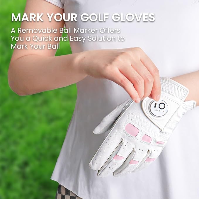 FINGER TEN Women’s Leather Golf Glove with Ball Marker Ladies Gloves Left Right Handed Golfer Extra Grip 1 Pack, Left Right Hand Pink Fit Woman Girl, Size Small Medium Large XL