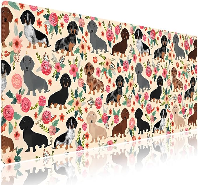 Extended XXL Gaming Mouse Pad with Stitched Edges for PC Home & Office - Colorful Floral Dachshund Dogs Cute Puppies Pink Flowers Seamless Design, Smooth Fabric Surface Anti-Slip Base Large Desk Mat
