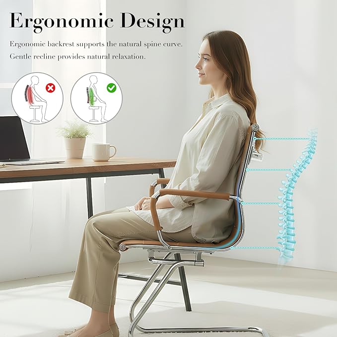 CIMOTA Waiting Room Chairs Leather Office Guest Chair Mid Back Reception Chairs with Sled Base for Meeting/Patient/Conference Room, Brownish Yellow Set of 2