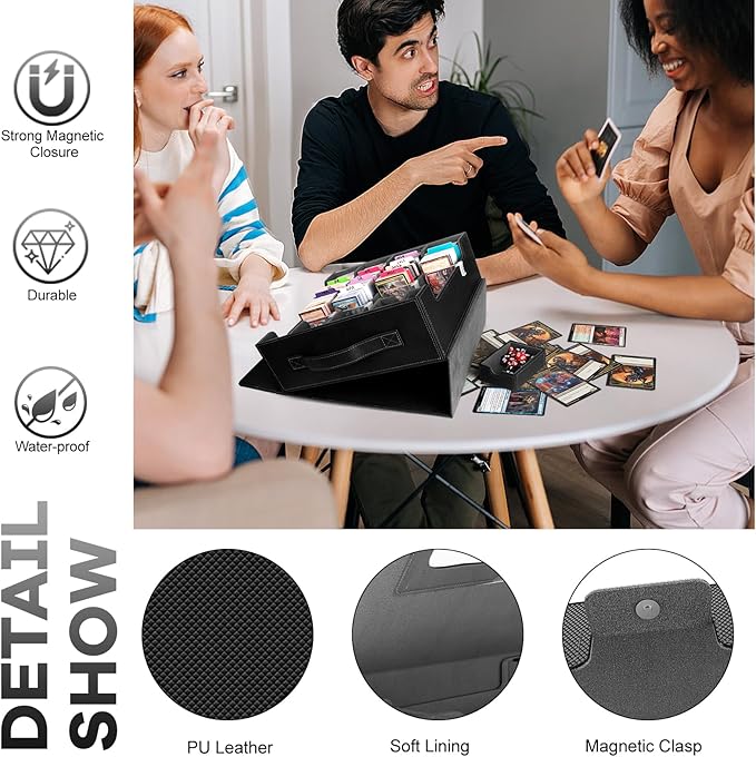 3200+ Trading Card Storage Box with Commander Display, 4 Row Card Deck Box with Portable Handle, Compatible for TCG/MTG/Magic Cards, 30 Colorful Divider, 8 Supporters, US Design Patent (Black&Grey)
