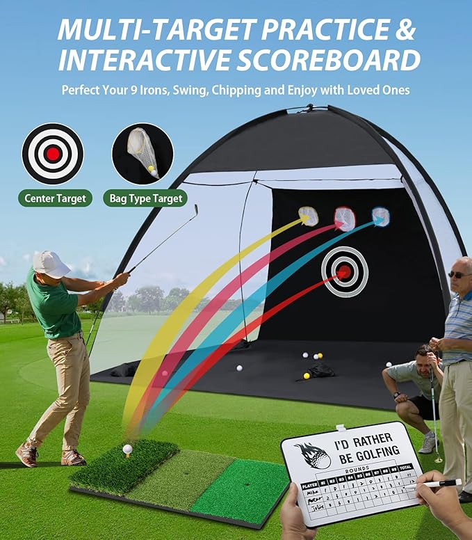 Golf Net, 10x7ft Golf Hitting Aid with Foldable Tri-Turf Mat, Designed for Outdoor & Indoor Use, Practice Nets for Backyard Driving Real Balls, Ideal Gifts for Men Dad Husband & Golfers