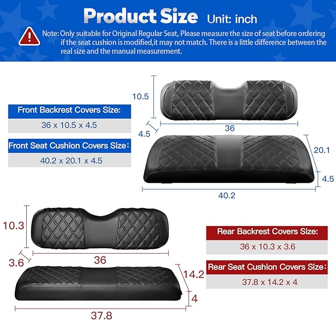 NOKINS Golf Cart Seat Covers for EZGO TXT 1994-2013/EZGO RXV, Vinyl Front&Rear Seat Cover with Flip-Up Armrests kit, with Cup Holder, for 1" Square Tube (Black&Black Stitching)