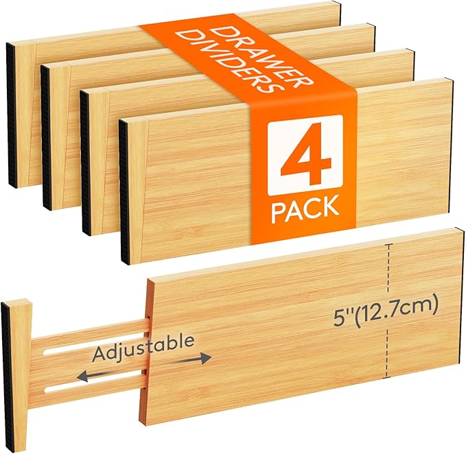 Lifewit 4 Pack 5" Deep Bamboo Drawer Dividers, 13-16.5" Expandable Drawer Organizers for Clothes, Adjustable Dresser Drawer Divider, Clothing Drawer Separators for Dresser, Bedroom, Bathroom, Kitchen