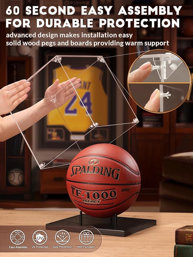 JupDec Basketball Display Case Acrylic Clear 10" Full Size with Solid Wood Base, UV Protected Soccer Display Stand Box for Autographed Standard NBA WNBA Ball Memorabilia Keepsake Ideal Gift, Black