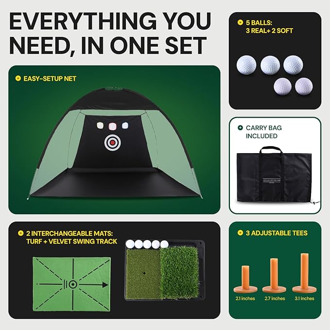 Golf Practice Net with Dual Mats, 3 Tees & 5 Balls – Golf Training Net for Indoor/Outdoor Swing Practice, Backyard Driving & Chipping Set, Portable Training Aid, Great Gift for Men